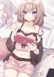 Rule 34 | 1girl, :t, bare shoulders, black shirt, blurry, bow, breasts, brown hair, brown shorts, camisole, cleavage, collarbone, crop top, depth of field, game console, hair bow, hair flaps, highres, holding, index finger raised, long hair, looking at viewer, medium breasts, midriff, navel, nintendo switch, off shoulder, open clothes, open shirt, original, pout, purple eyes, sapphire (sapphire25252), shirt, short shorts, shorts, sitting, solo, spaghetti strap, strap slip, v-shaped eyebrows, wide sleeves