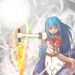 Rule 34 | 1girl, fire, fog, highres, hinanawi tenshi, looking at viewer, no headwear, no headwear, no pupils, outstretched arm, peroponesosu., red eyes, serious, shaded face, solo, standing, sword, sword of hisou, touhou, upper body, weapon