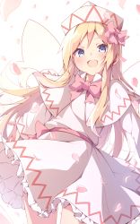 Rule 34 | 1girl, :d, absurdres, blonde hair, blue eyes, blurry, blush, bow, bowtie, capelet, commentary, cowboy shot, depth of field, dress, eyebrows hidden by hair, fairy wings, falling petals, hair bow, happy, hat, highres, lily white, long hair, looking at viewer, nankotsu, open mouth, parted bangs, petals, petticoat, pink bow, pink bowtie, sidelocks, simple background, smile, solo, touhou, very long hair, white background, white capelet, white dress, white hat, wings