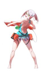 Rule 34 | 1girl, alternate costume, back, backless swimsuit, bare shoulders, belt pouch, bikini, blue one-piece swimsuit, breasts, fune (fune93ojj), glasses, goddess of victory: nikke, green eyes, hair ornament, hairclip, highres, holding, holding water gun, looking at viewer, medium hair, neon (nikke), one-piece swimsuit, open mouth, pouch, sidelocks, small breasts, smile, standing, swimsuit, teeth, thigh pouch, water gun, wet, wet clothes, white hair