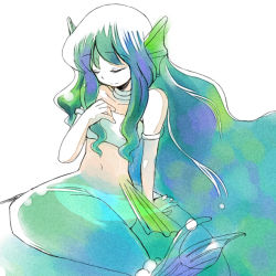 Rule 34 | 1girl, armband, bad id, bad pixiv id, bandeau, closed eyes, fins, green hair, hand on own chest, head fins, jewelry, long hair, madou monogatari, mermaid, midriff, monster girl, multicolored hair, neck ring, puyopuyo, serilly (puyopuyo), serilly (puyopuyo), sitting, smile, solo, strapless, tube top, white background, yurihi koi