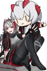 Rule 34 | 1girl, antenna hair, antennae, arknights, black pants, black scarf, black shirt, demon girl, demon horns, demon tail, feet, fingerless gloves, gloves, grey hair, grey scarf, grey shirt, highres, horns, jacket, looking at viewer, myb52, no shoes, open clothes, open jacket, open mouth, pants, red eyes, red nails, scarf, shirt, tail, w (arknights), white hair