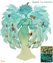 Rule 34 | 1girl, absurdres, blue skin, breasts, closed mouth, clownfish, colored skin, facing viewer, fish, gradient skin, green lips, green skin, highres, large breasts, lipstick, makeup, matilda fiship, monster girl, no eyes, no legs, original, plant girl, sea anemone, tentacle hair, wings