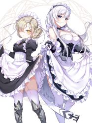 Rule 34 | 2girls, apron, arm guards, azur lane, belfast (azur lane), black dress, blonde hair, blue eyes, blush, boots, braid, breasts, chain, cleavage, closed mouth, clothes lift, collar, collarbone, corset, dress, dress lift, floating hair, french braid, frills, garter straps, gloves, grey footwear, hair over one eye, highres, icomochi, juliet sleeves, knee boots, knee guards, large breasts, lifted by self, long hair, long sleeves, looking at viewer, maid, maid headdress, medium breasts, multiple girls, puffy sleeves, sheffield (azur lane), short hair, silver hair, smile, thighhighs, white apron, white gloves, white legwear, yellow eyes