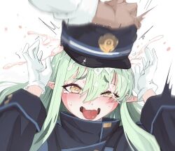 Rule 34 | 1girl, arms up, black hat, blue archive, cum, cum on hair, gloves, green hair, hair between eyes, hand on headwear, hat, highres, long hair, long sleeves, moai (moai 00 ), open mouth, peaked cap, pointy ears, simple background, solo focus, tongue, tongue out, white background, white gloves, yellow eyes