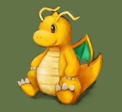 Rule 34 | brown eyes, chibi, claws, closed mouth, commentary request, creatures (company), dragonite, full body, game freak, gen 1 pokemon, green background, looking to the side, nintendo, no humans, pokemon, pokemon (creature), ryusei0402, sitting, smile