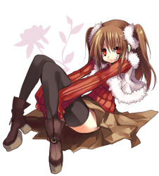 Rule 34 | boots, brown hair, flower, hanepochi, long hair, original, red eyes, skirt, solo, sweater, thighhighs, twintails, vest
