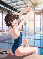 Rule 34 | 1girl, absurdres, ahoge, alternate costume, armpits, arms up, ass, back, bare arms, bare shoulders, blue eyes, blue one-piece swimsuit, blurry, breasts, brown hair, competition school swimsuit, controlline3, counter:side, depth of field, embarrassed, from behind, goggles, unworn goggles, highleg, highleg swimsuit, highres, looking at viewer, looking back, one-piece swimsuit, open mouth, pool, poolside, school swimsuit, short hair with long locks, shoulder blades, sidelocks, sitting, small breasts, solo, spaghetti strap, stretching, swimsuit, thighs, wet, yang harim