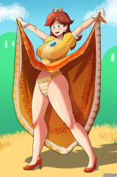 Rule 34 | 1girl, assentlov, blue eyes, blush, breasts, brown hair, clothes lift, crown, day, dress, dress lift, earrings, embarrassed, flower earrings, gloves, high heels, jewelry, large breasts, legs, mario (series), nintendo, orange dress, panties, princess daisy, puffy short sleeves, puffy sleeves, short sleeves, skirt, skirt lift, solo, standing, striped clothes, striped panties, super mario land, thighs, tomboy, underwear