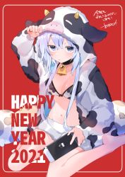 Rule 34 | 1girl, 2021, akagashi hagane, animal ears, animal hood, animal print, arm up, barefoot, bell, black choker, blue eyes, blue hair, blunt bangs, breasts, chinese zodiac, choker, cleavage, commentary, cow ears, cow hood, cow horns, cow print, cowbell, expressionless, fake animal ears, fake horns, groin, hair between eyes, half-closed eyes, handheld game console, happy new year, holding, holding handheld game console, hood, horns, light blue hair, long hair, long sleeves, looking at viewer, medium breasts, navel, neck bell, new year, nintendo switch, open clothes, original, outside border, parted lips, red background, rounded corners, signature, simple background, sitting, stomach, stuffed animal, stuffed toy, symbol-only commentary, very long hair, wariza, year of the ox