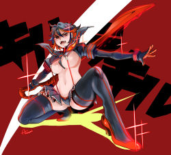 Rule 34 | 10s, 1girl, bad id, bad pixiv id, bikini, black thighhighs, breasts, copyright name, full body, glowing, holding, holding sword, holding weapon, kill la kill, large breasts, matoi ryuuko, multicolored hair, open mouth, red background, school uniform, senketsu, serafuku, simple background, spread legs, suspenders, swimsuit, sword, tatsumi, thighhighs, two-tone hair, weapon