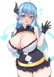Rule 34 | 1girl, ahoge, aroused, bare shoulders, black gloves, blue eyes, blue hair, blush, borrowed character, breasts, cleavage, clothes pull, curvy, demon girl, demon horns, demon tail, fang, gloves, highres, horns, kuavera, large breasts, long hair, open mouth, original, pointy ears, sei-tan (sae), simple background, single horn, skin fang, steam, steaming body, tail, thick thighs, thighs, white background