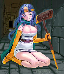 Rule 34 | 1girl, blue eyes, blue hair, blush, boots, breasts, cape, chunsoft, circlet, cleavage, dragon quest, dragon quest iii, elbow gloves, enix, full body, gloves, hair in own mouth, hat, huge breasts, indoors, kneeling, kouno (masao), long hair, matching hair/eyes, miniskirt, sage (dq3), skirt, solo, staff, tiara