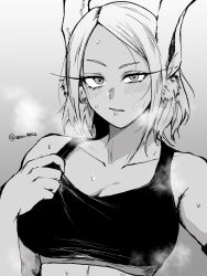 Rule 34 | 1girl, adjusting clothes, animal ears, blush, boku no hero academia, breasts, collarbone, crop top, greyscale, highres, large breasts, long eyelashes, looking at viewer, madaosw, medium breasts, mirko, monochrome, official alternate hairstyle, parted lips, rabbit ears, rabbit girl, solo, sweat, tank top, twitter username, upper body