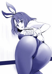 Rule 34 | 10s, 1girl, all fours, animal ears, ass, azumi (girls und panzer), calling card, character name, commentary request, fake animal ears, from behind, girls und panzer, highres, kneeling, kumoi takashi, leotard, looking at viewer, looking back, monochrome, open mouth, pantyhose, playboy bunny, rabbit ears, rabbit tail, seductive smile, short hair, smile, solo, strapless, strapless leotard, tail, wrist cuffs