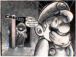Rule 34 | 2boys, brothers, chromatic aberration, commentary, constricted pupils, covering own mouth, door, emphasis lines, english text, facial hair, gloves, greyscale, hat, highres, jiggidyjakes, luigi, male focus, mario, mario (series), monochrome, multiple boys, mustache, nintendo, overalls, shaded face, siblings, surprised