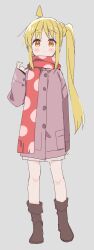 Rule 34 | 1girl, absurdres, ahoge, blonde hair, blush stickers, bocchi the rock!, boots, braid, brown eyes, brown footwear, closed mouth, full body, grey background, hand up, highres, ijichi nijika, jacket, long hair, long sleeves, looking at viewer, meito (maze), pleated skirt, purple jacket, side ponytail, sidelocks, simple background, skirt, sleeves past wrists, smile, solo, very long hair, white skirt