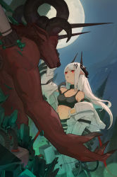 Rule 34 | 1girl, absurdres, arknights, arm up, bare shoulders, breasts, choker, cleavage, coat, colored skin, commentary request, demon, dutch angle, earrings, closed eyes, floating hair, full moon, highres, horns, jewelry, junk, long hair, long sleeves, looking at another, looking up, midriff, moon, mori (user gdnz7828), mudrock (arknights), night, night sky, off shoulder, open clothes, open coat, outdoors, pointy ears, reaching, red eyes, red skin, sky, sports bra, strap slip, tube, white coat, white hair