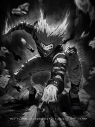 Rule 34 | 1boy, absurdres, artist name, black footwear, blank eyes, blood, fighting stance, garou (one-punch man), glowing, glowing eyes, greyscale, grin, highres, looking at viewer, male focus, manip, monochrome, one-punch man, pointy hair, rubble, scar, smile, solo, standing, torn clothes, watermark