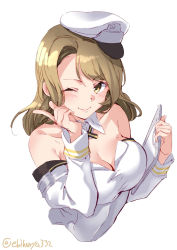 Rule 34 | 1girl, blonde hair, blush, breasts, cleavage, collarbone, corset, cropped torso, detached collar, ebifurya, highres, holding, houston (kancolle), kantai collection, long sleeves, medium breasts, one eye closed, short hair, simple background, smile, solo, twitter username, white background, yellow eyes