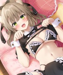 Rule 34 | 1girl, :d, animal ears, bikini, black bikini, black skirt, black thighhighs, breasts, brown hair, cat ears, cleavage, fangs, green eyes, hair ribbon, hands up, highleg, large breasts, long hair, looking at viewer, lying, maid, maid bikini, miniskirt, navel, navy (navy.blue), neck ribbon, on back, open mouth, original, paw pose, ponytail, ribbon, short sleeves, shrug (clothing), skindentation, skirt, smile, solo, stomach, string bikini, swimsuit, thighhighs, unconventional maid, wing collar, wrist cuffs