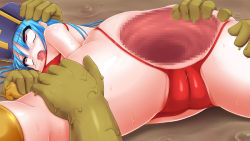 Rule 34 | 1girl, after anal, aftersex, ahegao, ass, blue hair, cameltoe, chunsoft, dragon quest, dragon quest iii, enix, from behind, gaping, gaping anus, moaning, monster boy, muddy hand, on ground, open mouth, priest (dq3), red eyes, restrained, rolling eyes, spread legs, tears, thigh grab, thighs, trubka