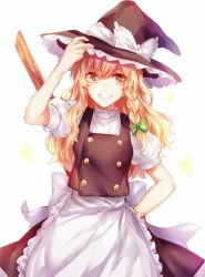 Rule 34 | 1girl, apron, bad id, bad twitter id, black dress, blonde hair, bow, braid, broom, buttons, dress, frilled dress, frills, green bow, grin, hair bow, hand on headwear, hat, hat bow, kirisame marisa, long hair, puffy sleeves, short sleeves, side braid, simple background, single braid, smile, solo, star (symbol), touhou, waist apron, wavy hair, white background, white bow, witch hat, yellow eyes, yuli (yulipo)