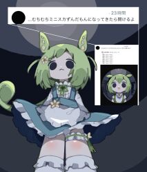 Rule 34 | 1girl, apron, blue skirt, bridal garter, closed mouth, commentary request, feet out of frame, frilled apron, frilled skirt, frilled socks, frills, from below, green hair, green ribbon, highres, looking at viewer, neck ribbon, nikamoka, ribbon, screenshot inset, shirt, skirt, socks, solo, standing, suspender skirt, suspenders, translation request, voiceroid, voicevox, waist apron, white apron, white shirt, white socks, zundamon