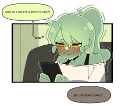 Rule 34 | 1girl, bare shoulders, blush, breasts, cellphone, colored skin, colored speech bubble, embarrassed, english text, gomulgong, green skin, holding, holding phone, indoors, medium breasts, monster girl, open mouth, original, phone, ponytail, shirt, slime (substance), slime girl, slime girl (gomulgong), smile, solo, speech bubble, white shirt, yellow eyes