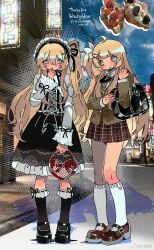 Rule 34 | 2girls, ahoge, bag, bag bow, belt, belt buckle, black bag, black bow, black bowtie, black dress, black footwear, black hairband, black ribbon, black socks, blazer, blonde hair, blue sky, blush, bow, bowtie, brown belt, brown footwear, brown jacket, buckle, buttons, chinese commentary, cityscape, clenched hand, cloud, collared shirt, commentary request, commission, commissioner name, covering own mouth, cross-laced clothes, cross-laced dress, cross hair ornament, dated, day, dessert, dress, eyelashes, fingernails, food, food request, frilled dress, frilled hairband, frilled sleeves, frilled socks, frills, fruit, full body, gothic lolita, grey eyes, grey ribbon, gyaru, hair bow, hair ornament, hair ribbon, hairband, hairclip, hand on own shoulder, heart, heart-shaped bag, heart print, highres, holding, holding bag, jacket, kneehighs, knees, lace-trimmed hairband, lace trim, layered sleeves, light particles, lolita fashion, lolita hairband, long hair, long sleeves, looking at viewer, mary janes, medium dress, miniskirt, multiple girls, neck ribbon, okara (cacacerulean), one side up, open mouth, oreo, original, outdoors, photo inset, plaid, plaid skirt, pleated skirt, power lines, red bag, red bow, red skirt, ribbon, ribbon-trimmed sleeves, ribbon-trimmed socks, ribbon legwear, ribbon trim, school bag, shirt, shoe belt, shoes, sign, skirt, sky, sleeve ribbon, smile, socks, standing, straight-on, strawberry, strawberry slice, thank you, very long hair, waist ribbon, weibo watermark, white bow, white jacket, white shirt, white socks, x hair ornament