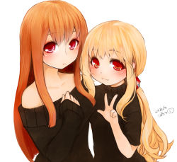 Rule 34 | 2girls, :3, artist name, bare shoulders, blonde hair, blush, breasts, dated, h (158cm), highres, long hair, multiple girls, original, pink eyes, ponytail, red eyes, red hair, sidelocks, signature, simple background, sleeves past wrists, smile, v, very long hair, white background