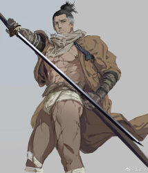 Rule 34 | 1boy, abs, bara, bare pectorals, brown kimono, character request, facial hair, feet out of frame, from below, grey hair, high ponytail, highres, holding, holding sword, holding weapon, huan shi tian tong, japanese clothes, katana, kimono, large pectorals, loincloth, long sword, looking to the side, male focus, mature male, multicolored hair, muscular, muscular male, mustache stubble, navel, nipples, old, old man, open clothes, open kimono, pectorals, ronin, scarf, short hair, solo, standing, stitches, stubble, sword, thick eyebrows, thick thighs, thighs, two-tone hair, weapon, wrinkled skin