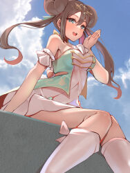 Rule 34 | 1girl, bare shoulders, blue eyes, blue sky, brown hair, cloud, creatures (company), double bun, dress, game freak, hair between eyes, hair bun, highres, long hair, looking at viewer, momdy (talesshinja), nintendo, official alternate costume, open mouth, pokemon, pokemon masters ex, rosa (champion) (pokemon), rosa (pokemon), sitting, sky, solo, teeth, twintails, upper teeth only
