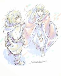 Rule 34 | 2boys, androgynous, armor, blue eyes, boots, brown eyes, canute, cape, chainmail, dagger, eyebrows, eyelashes, fur trim, highres, hood, knife, long hair, looking at viewer, male focus, messy hair, multiple boys, prince, sidelocks, simple background, thorfinn, title, viking, vinland saga, warrior, weapon