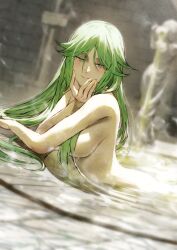 1girl bare_arms blurry blurry_background breasts brick_floor closed_mouth commentary_request completely_nude fagi_(kakikaki) green_eyes green_hair hair_flaps kid_icarus kid_icarus_uprising large_breasts looking_ahead nintendo nude palutena partially_submerged smile solo statue