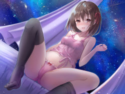 Rule 34 | 1girl, :d, ass, bed, bed sheet, black thighhighs, bow, bow panties, breasts, brown eyes, brown hair, cameltoe, collarbone, curtains, feet, foot out of frame, hair between eyes, hair ribbon, halterneck, highres, navel, night, night sky, nipples, non-web source, on bed, open mouth, original, panties, pink panties, ribbon, sakura ani, see-through, sitting, sky, sleepwear, small breasts, smile, solo, spread legs, star (sky), starry sky, teeth, thighhighs, thighs, toes, underwear, upper teeth only