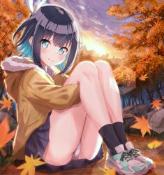 Rule 34 | 16bit sensation, 1girl, akisato konoha, artist name, ass, autumn, black socks, blue hair, blue skirt, blush, brown jacket, closed mouth, colored inner hair, dark blue hair, dated, falling leaves, fluno, forest, green eyes, highres, holding legs, jacket, leaf, legs, lens flare, long sleeves, looking at viewer, miniskirt, multicolored hair, nature, on ground, panties, pantyshot, pleated skirt, shoes, short hair, sitting, skirt, sky, sneakers, socks, solo, sunset, thighs, tongue, tongue out, tree, underwear, white panties