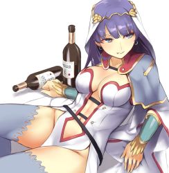 Rule 34 | 1girl, blue eyes, blunt bangs, bottle, bracer, breasts, capelet, center opening, circlet, cleavage, collarbone, den (kur0 yuki), drunk, earrings, fate/grand order, fate (series), grey capelet, grey thighhighs, jewelry, large breasts, leotard, long hair, looking at viewer, looking to the side, lying, martha (fate), navel, on back, parted lips, pelvic curtain, purple hair, smile, solo, thighhighs, thighs, veil, white background, white leotard, wine bottle