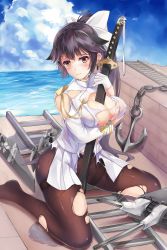 Rule 34 | 1girl, absurdres, anchor, azur lane, between breasts, blue sky, bow, breasts, chain, cleavage, closed mouth, cloud, cloudy sky, day, hair bow, hair flaps, highres, katana, large breasts, light smile, long hair, looking at viewer, miniskirt, ocean, outdoors, pantyhose, ponytail, sheath, sheathed, sidelocks, skirt, sky, solo, sword, takao (azur lane), thighband pantyhose, thighs, torn clothes, torn pantyhose, very long hair, weapon, zomzomzomsauce