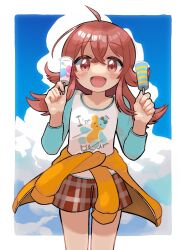 Rule 34 | 1girl, ahoge, blue shirt, blue sky, blush, breasts, clothes around waist, cloud, collarbone, cowboy shot, day, food, grid background, hair between eyes, hands up, highres, holding, holding food, holding popsicle, idolmaster, idolmaster shiny colors, jacket, komiya kaho, long hair, long sleeves, looking at viewer, medium breasts, meto, open mouth, orange jacket, outside border, plaid, plaid shorts, popsicle, print shirt, red eyes, red hair, red shorts, shirt, shorts, sky, smile, solo, standing