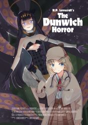 Rule 34 | 2girls, blonde hair, blouse, blue eyes, brown capelet, capelet, collared shirt, cthulhu mythos, detached sleeves, gloves, hat, highres, holding, holding magnifying glass, hololive, hololive english, kitanxjk, low wings, magnifying glass, movie poster, multiple girls, mustache print, ninomae ina&#039;nis, ninomae ina&#039;nis (1st costume), pointy ears, shirt, single detached sleeve, tentacles, virtual youtuber, watson amelia, watson amelia (1st costume), white shirt, wings