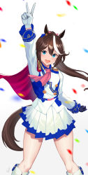 Rule 34 | 1girl, animal ears, asymmetrical gloves, black gloves, blue eyes, brown hair, capelet, gloves, hair between eyes, hayabusa, highres, horse ears, horse girl, horse tail, looking at viewer, mismatched gloves, multicolored hair, neckerchief, open mouth, pleated skirt, ponytail, red capelet, shirt, skirt, solo, standing, tail, tokai teio (umamusume), two-tone hair, umamusume, v, white gloves, white hair, white shirt, white skirt