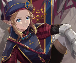 Rule 34 | 1boy, banner, blonde hair, blue eyes, blue hat, boots, closed mouth, commentary request, earrings, gloves, hat, highres, jewelry, knee up, link, long hair, long sleeves, looking at viewer, male focus, military, military uniform, nintendo, pointy ears, royal guard set (zelda), seri (yuukasakura), sidelocks, signature, solo, the legend of zelda, the legend of zelda: breath of the wild, triforce print, uniform, white gloves