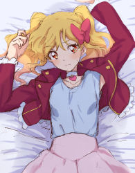 Rule 34 | 1girl, absurdres, aikatsu! (series), aikatsu stars!, arms up, bed sheet, blonde hair, blue shirt, blush, bow, choker, collarbone, collared jacket, expressionless, frilled jacket, frills, gradient hair, hair bow, heart, heart choker, highres, jacket, kumahubuki, long sleeves, looking at viewer, lying, multicolored hair, nijino yume, on back, on bed, open clothes, open jacket, orange eyes, pink bow, pink hair, pink skirt, red jacket, shirt, sketch, skirt, solo, sweatdrop, twintails, upper body, white choker