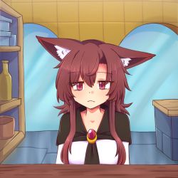 Rule 34 | 1girl, animal ears, bags under eyes, brooch, brown hair, closed mouth, dress, ears down, imaizumi kagerou, jewelry, long hair, red eyes, shop, solo, tired, touhou, white dress, wolf ears, wool (miwol)