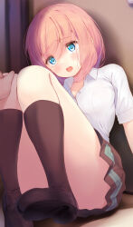 Rule 34 | 1girl, 1other, black footwear, black socks, blue eyes, blush, breasts, brown hair, collarbone, collared shirt, d:, dot nose, furrowed brow, hand on another&#039;s knee, highres, indoors, kneehighs, knees up, komone ushio, looking at another, mary janes, medium breasts, open mouth, original, pleated skirt, red skirt, school uniform, shirt, shoes, short hair, short sleeves, sitting, skirt, socks, teeth, thighs, uniform, upper teeth only, white shirt, worried