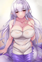 Rule 34 | 1girl, absurdres, bare shoulders, blunt bangs, blush, breasts, cleavage, closed mouth, collarbone, commentary request, gairou (takakuan), highres, lamia, large breasts, long hair, looking at viewer, monster girl, monster girl encyclopedia, naked towel, purple hair, red eyes, shirohebi (monster girl encyclopedia), smile, solo, sweat, towel