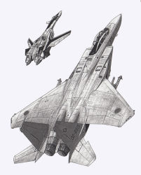 Rule 34 | 1990s (style), aircraft, airplane, canards, dutch angle, f-15, f-15 eagle, flying, japan air self-defense force, japan self-defense force, jet, macross, macross plus, mecha, mick, military, missile, no humans, retro artstyle, robot, science fiction, traditional media, vehicle focus, yf-19