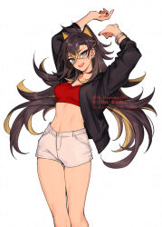 Rule 34 | 1girl, :d, arms up, black hair, black jacket, blonde hair, blue eyes, bra, bracelet, breasts, collar, cropped shirt, crossed bangs, dark-skinned female, dark skin, dehya (genshin impact), earrings, genshin impact, hair between eyes, hair ears, hair intakes, highres, hoop earrings, jacket, jewelry, long hair, looking at viewer, medium breasts, midriff, multicolored hair, nail polish, navel, ojo aa, open mouth, red nails, red tube top, shorts, smile, solo, stomach, strapless, streaked hair, teeth, thighs, toned, tube top, twitter username, two-tone hair, underwear, upper teeth only, very long hair, white background, white shorts, yellow pupils