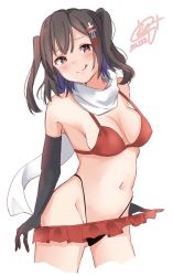 Rule 34 | 1girl, bikini, bikini skirt, black gloves, breasts, brown eyes, brown hair, calin, cleavage, dated, elbow gloves, gloves, hair ornament, highleg, highleg bikini, highleg swimsuit, highres, kantai collection, looking at viewer, medium breasts, mismatched bikini, one-hour drawing challenge, red skirt, sendai (kancolle), sendai kai ni (kancolle), signature, simple background, skirt, solo, standing, swimsuit, tongue, tongue out, two side up, white background